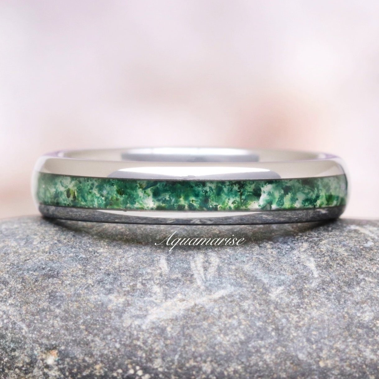 Moss Agate Wedding Band- 4MM Tungsten