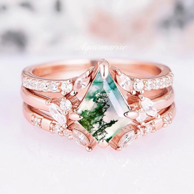 Kite Green Moss Agate 3pcs Ring Set- 14K Rose Gold Vermeil