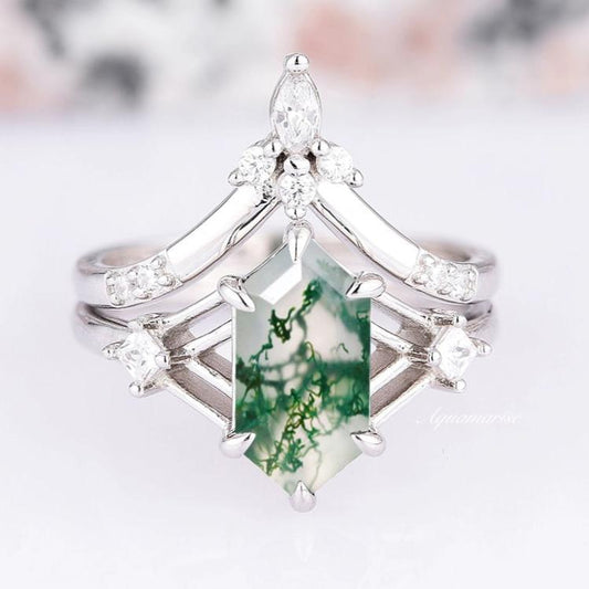 Celtic Hexagon Green Moss Agate Ring Set- 925 Sterling Silver