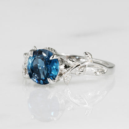 Natural London Blue Topaz Leaf Ring- Sterling Silver