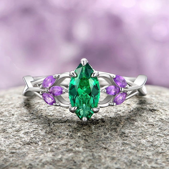 Emerald & Amethyst Mystical Fairy Queen Ring-  Sterling Silver