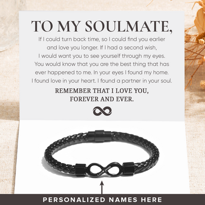 To My Soulmate, I Love You Forever Personalized Dual Name Infinity Leather Bracelet