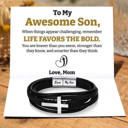 To My Son, Life Favors The Bold Leather Cross Bracelet