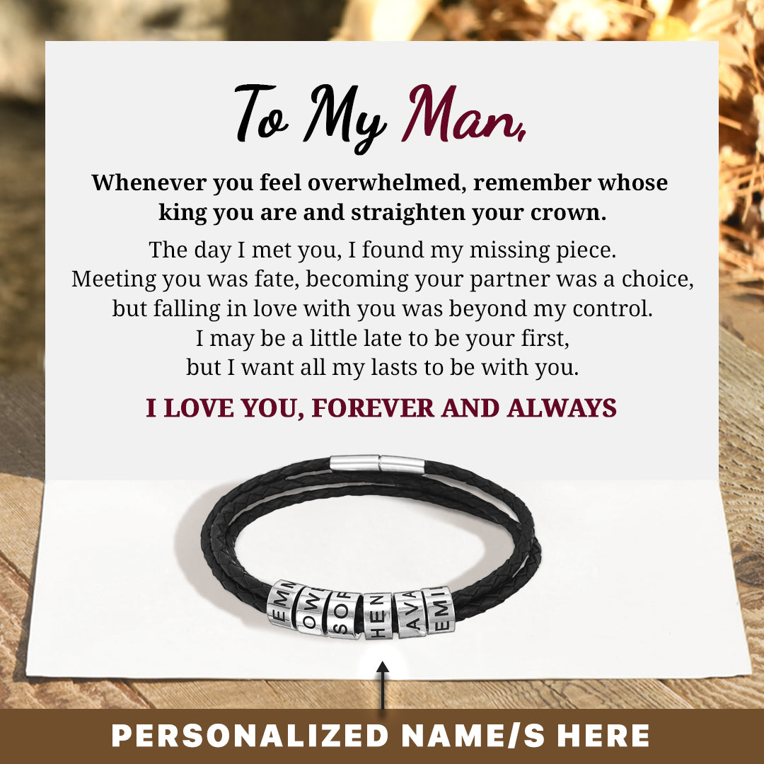 To My Man, Love You Forever Personalized Beads Leather Bracelet