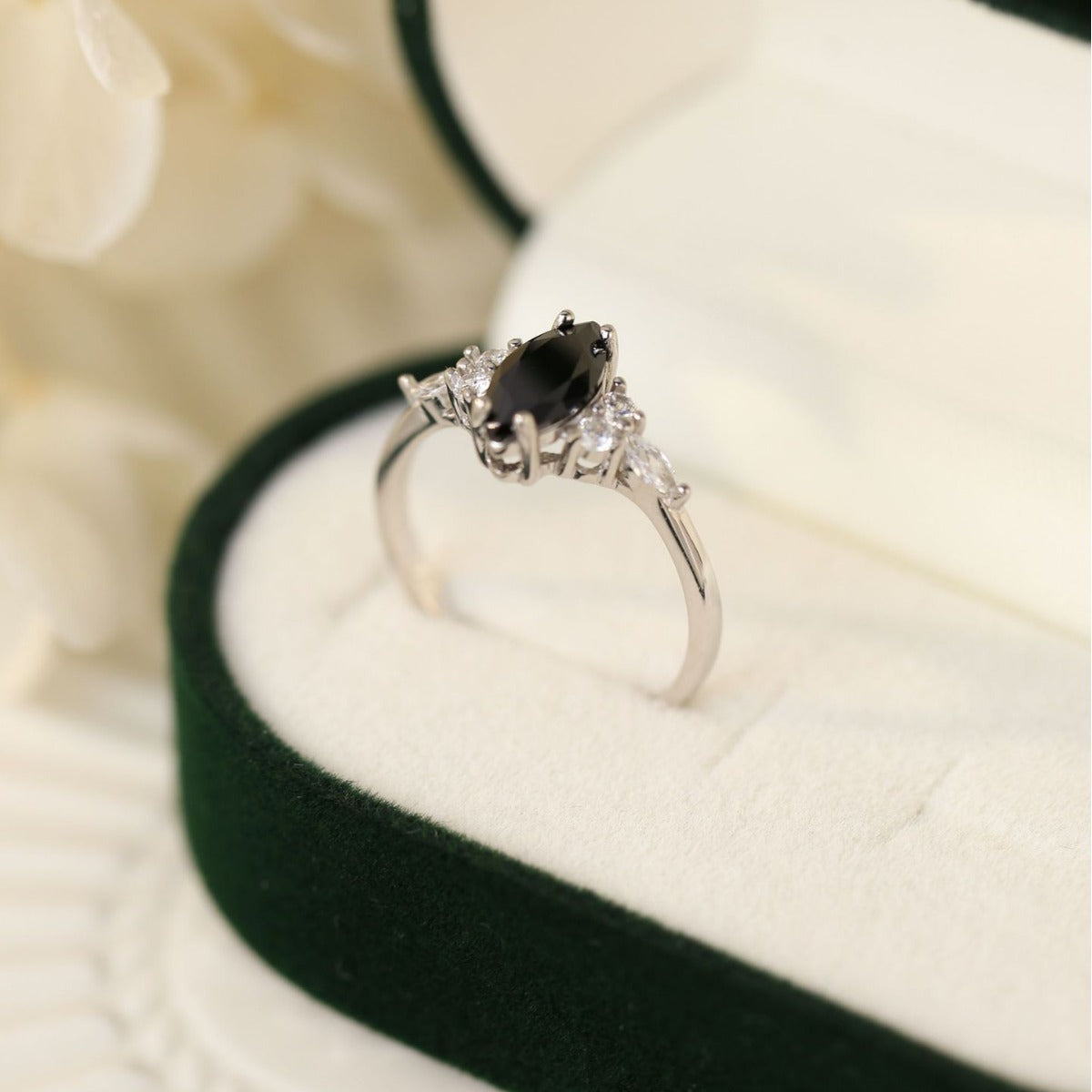 Oval Black Onyx S925 Silver Ring with Sparkling Accents