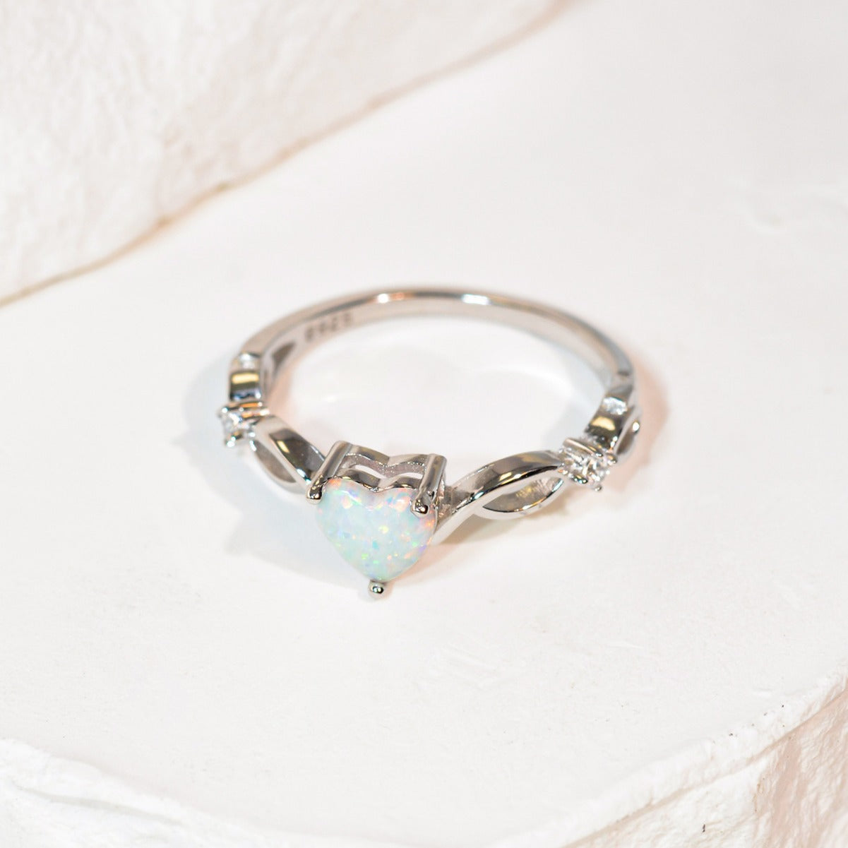 Heart-shaped White Australian Opal S925 Silver Ring with Twisted Design