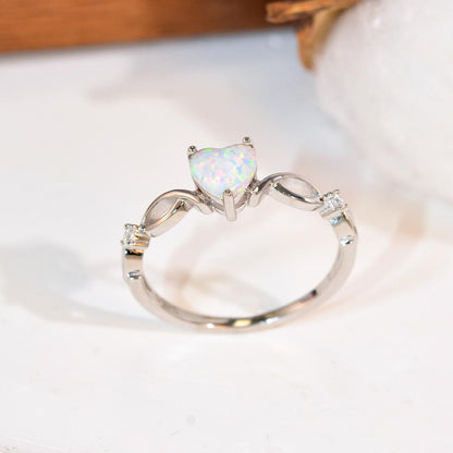 Heart-shaped White Australian Opal S925 Silver Ring with Twisted Design