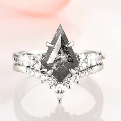 Galaxy Raw Salt and Pepper Diamond Ring- Kite Cut Diamond Engagement Ring Sets