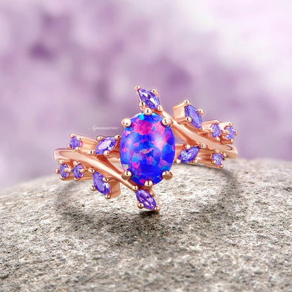 Starry Night Van Gogh Blue Fire Opal & Cornflower Sapphire Ring- 14K Rose Gold Vermeil