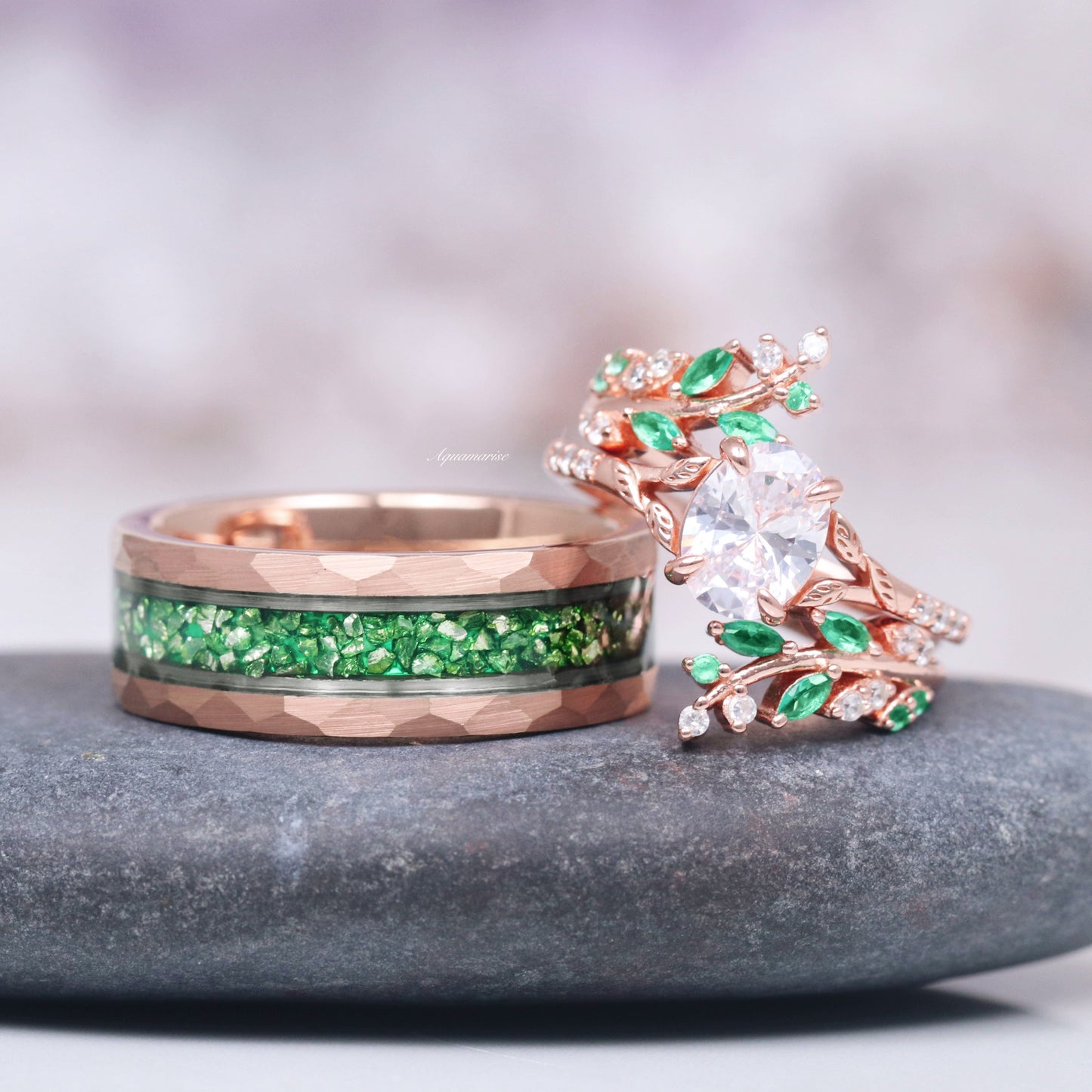 Diamond (cz) & Emerald Leaf Fairy Ring- 14K Rose Gold Vermeil