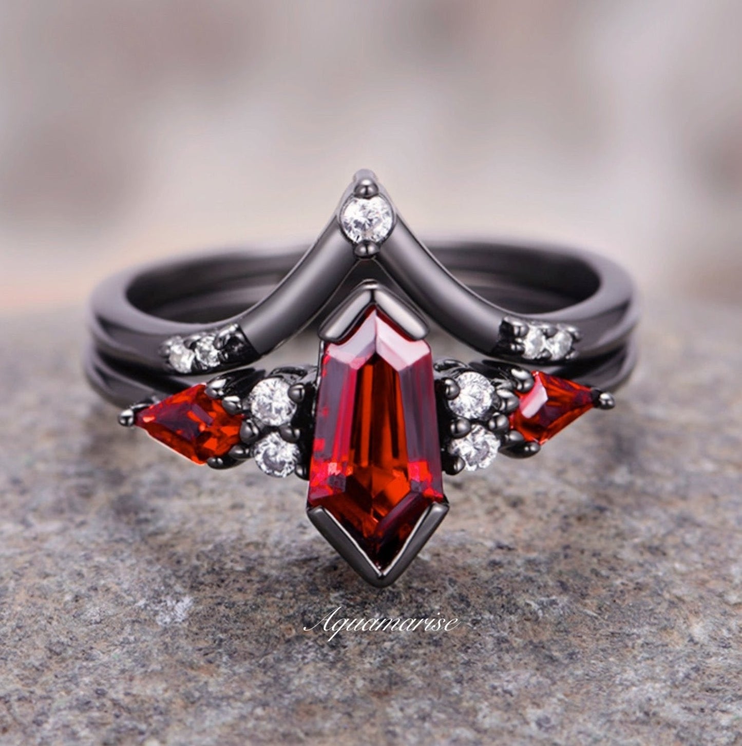 Coffin Kite Natural Red Garnet Ring Set- Black Rhodium Filled