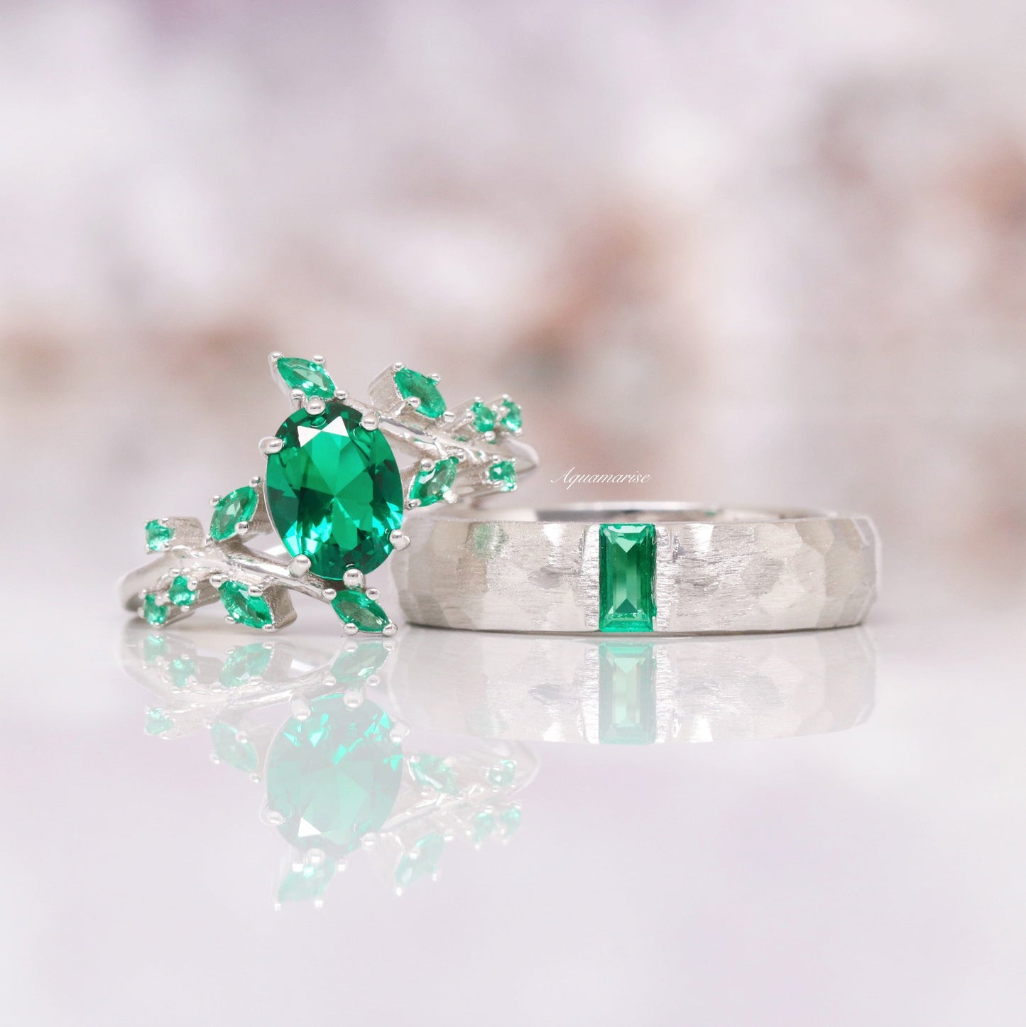 Emerald Leaf Engagement Ring- 925 Sterling Silver