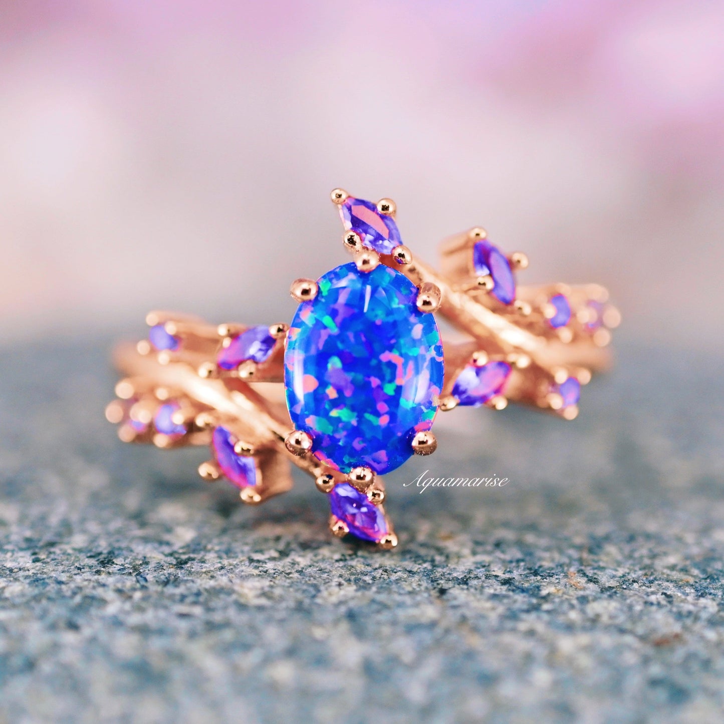 Starry Night Van Gogh Blue Fire Opal & Cornflower Sapphire Ring- 14K Rose Gold Vermeil