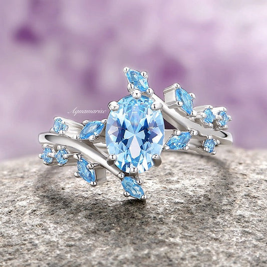 Aquamarine Leaf Fairy Engagement Ring- 925 Sterling Silver