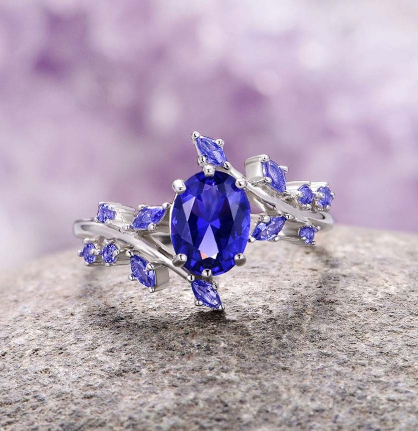 Orion Nebula & Cornflower Sapphire Leaf Couples Ring