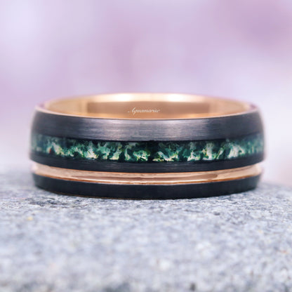 Moss Agate Wedding Band- 8MM Black & Rose Gold Tungsten