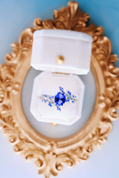 Orion Nebula & Cornflower Sapphire Leaf Couples Ring