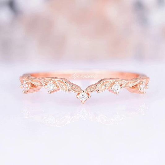 Filigree Leaf Simulated Diamond Wedding Band- 14K Rose Gold Vermeil