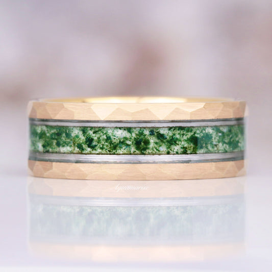 Moss Agate Wedding Band- 8MM Rose Gold Tungsten