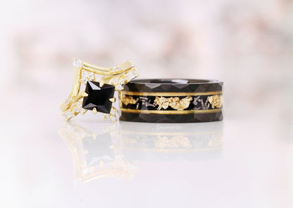 Meteorite & Gold Leaf Wedding Band- 8MM Black Tungsten