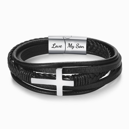 To My Son, Life Favors The Bold Leather Cross Bracelet