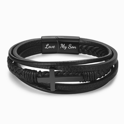 To My Son, Life Favors The Bold Leather Cross Bracelet