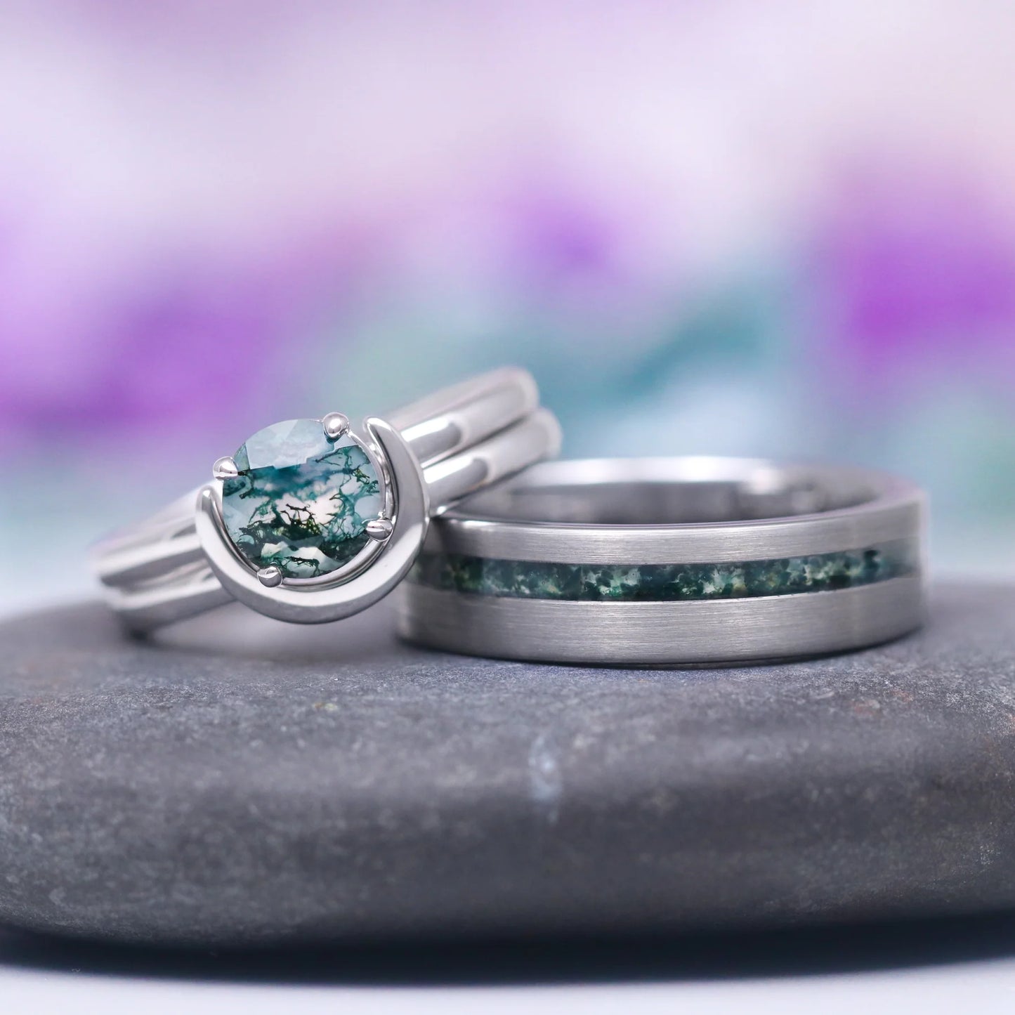 Crescent Engagement Ring Set - Sterling Silver