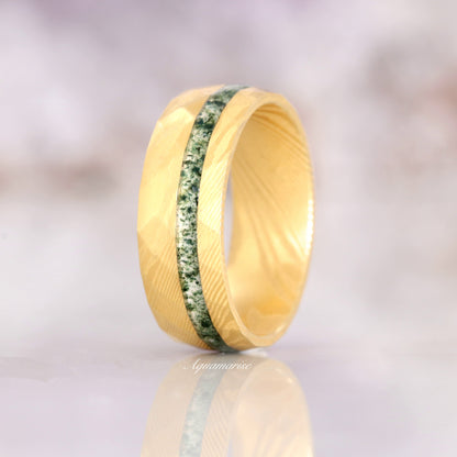 Moss Agate Wedding Band- 8MM Gold Damascus Steel