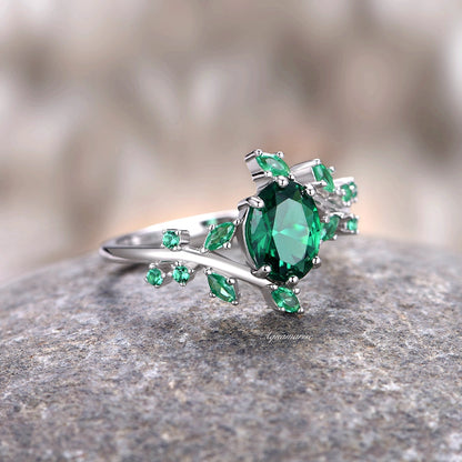 Emerald Leaf Engagement Ring- 925 Sterling Silver