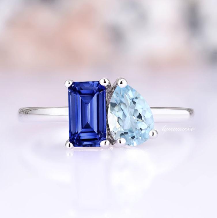 'Toi Et Moi' Blue Sapphire & Aquamarine Ring- 925 Sterling Silver