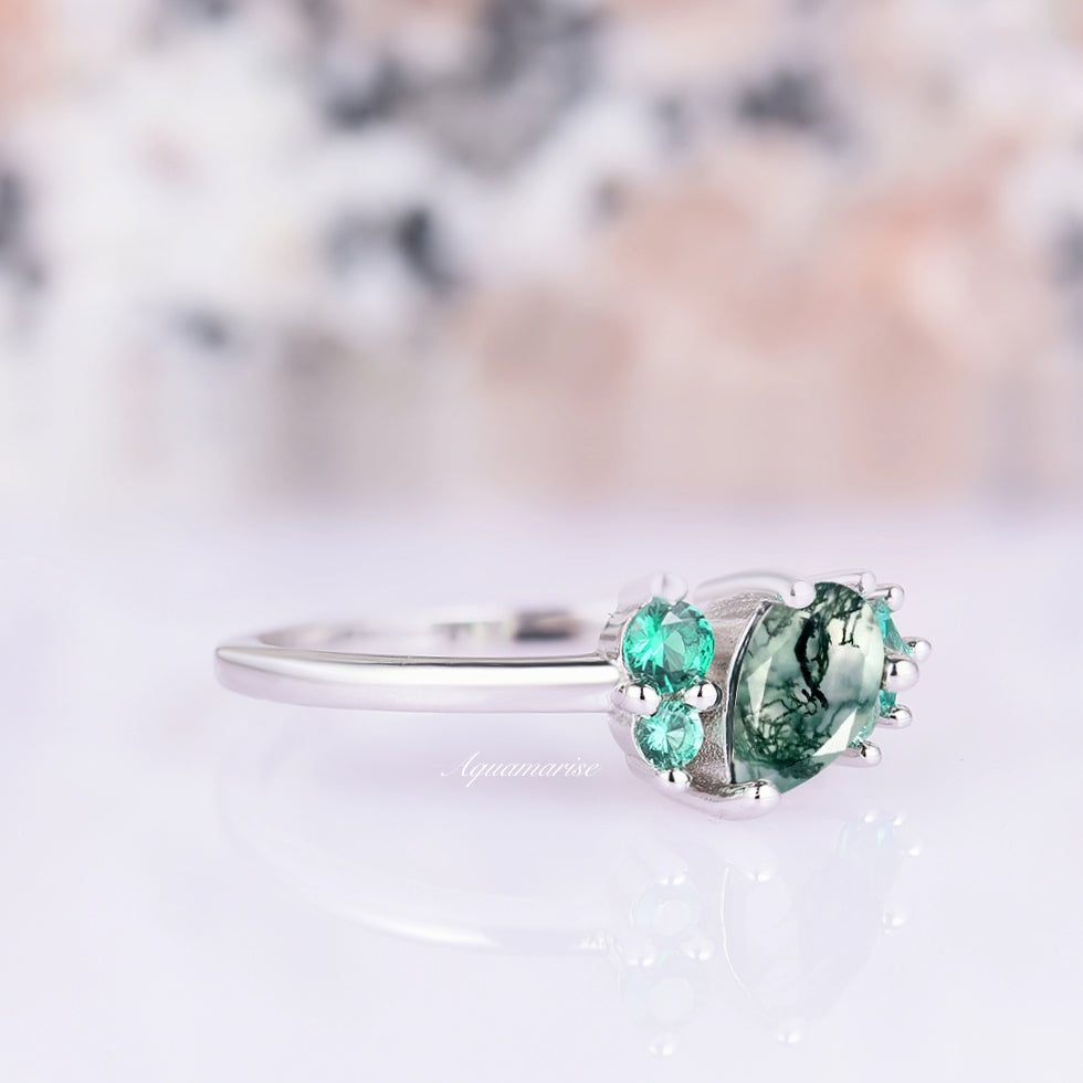 Green Moss Agate & Emerald Ring- Sterling Silver