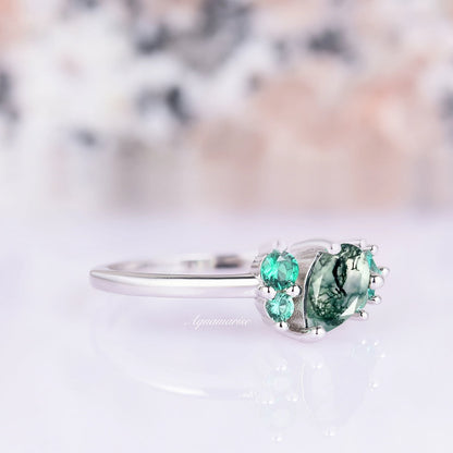 Green Moss Agate & Emerald Ring- Sterling Silver