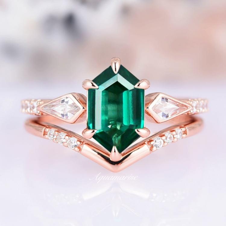 Hexagon Emerald Ring Set- 14K Rose Gold Vermeil