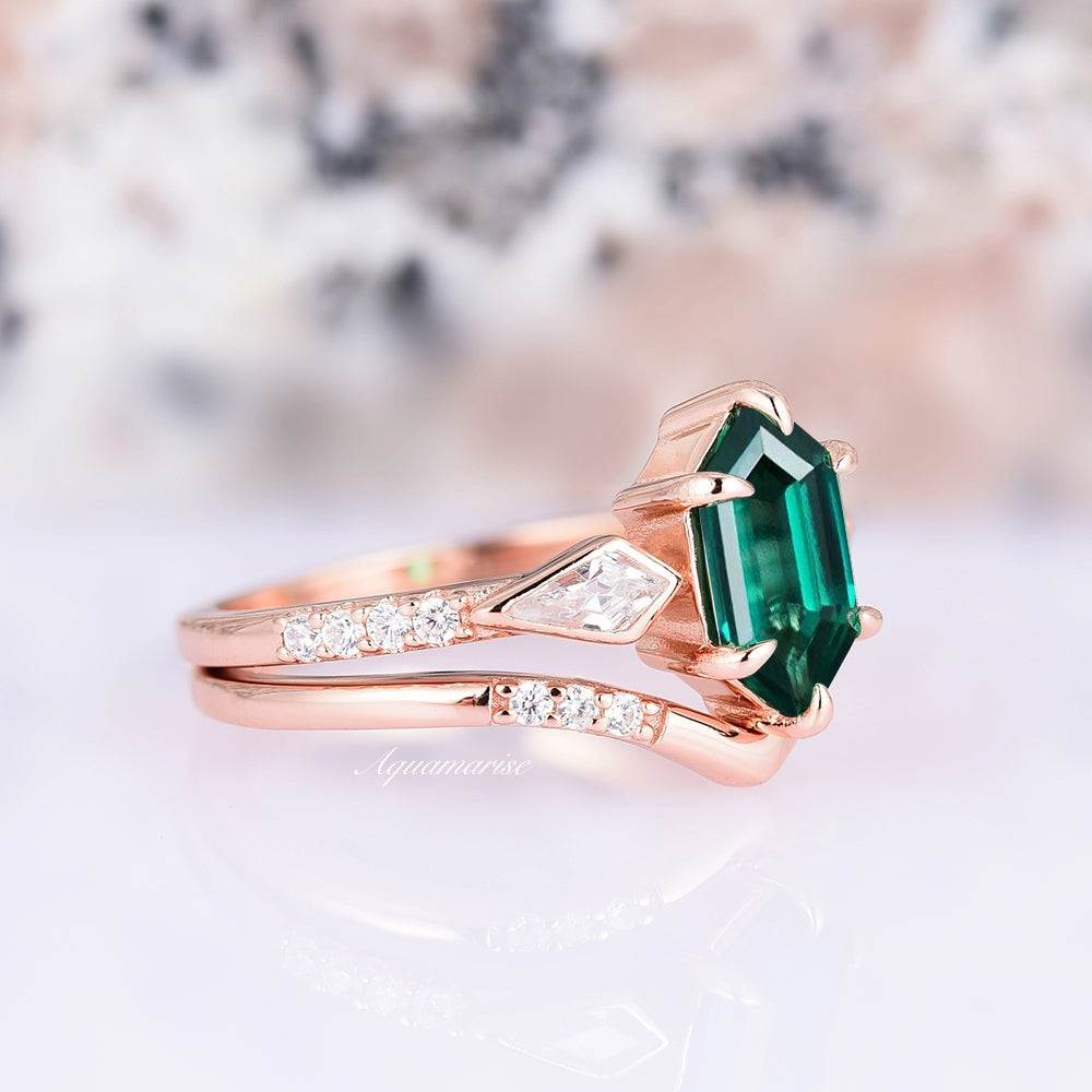 Hexagon Emerald Ring Set- 14K Rose Gold Vermeil