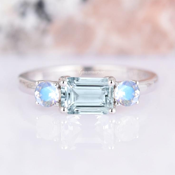 Aquamarine & Moonstone Ring- 925 Sterling Silver