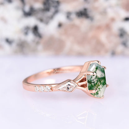 Celtic Hexagon Green Moss Agate Ring- 14K Rose Gold Vermeil