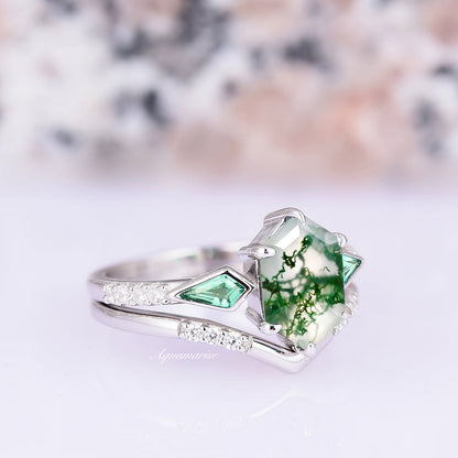 Celtic Green Moss Agate & Emerald Ring Set- Sterling Silver