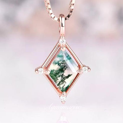 Unique Kite Green Moss Agate Necklace- 14K Rose Gold Vermeil