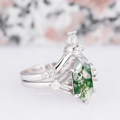 Celtic Hexagon Green Moss Agate Ring Set- 925 Sterling Silver