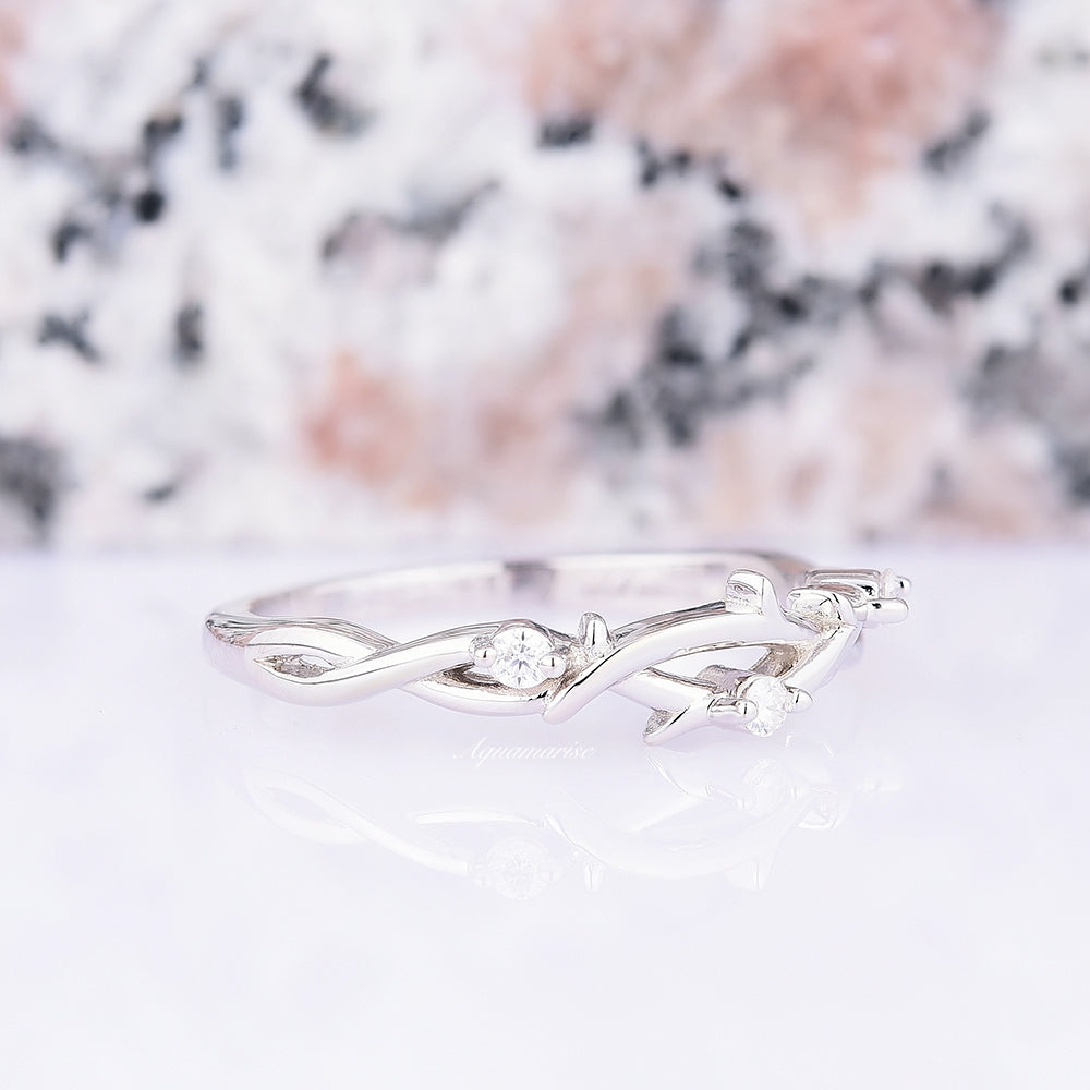 Moissanite Leaf Wedding Band- Sterling Silver