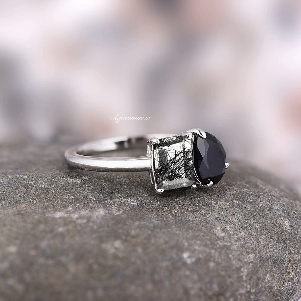 'Toi Et Moi' Rutilated Quartz & Black Onyx Ring- 925 Sterling Silver