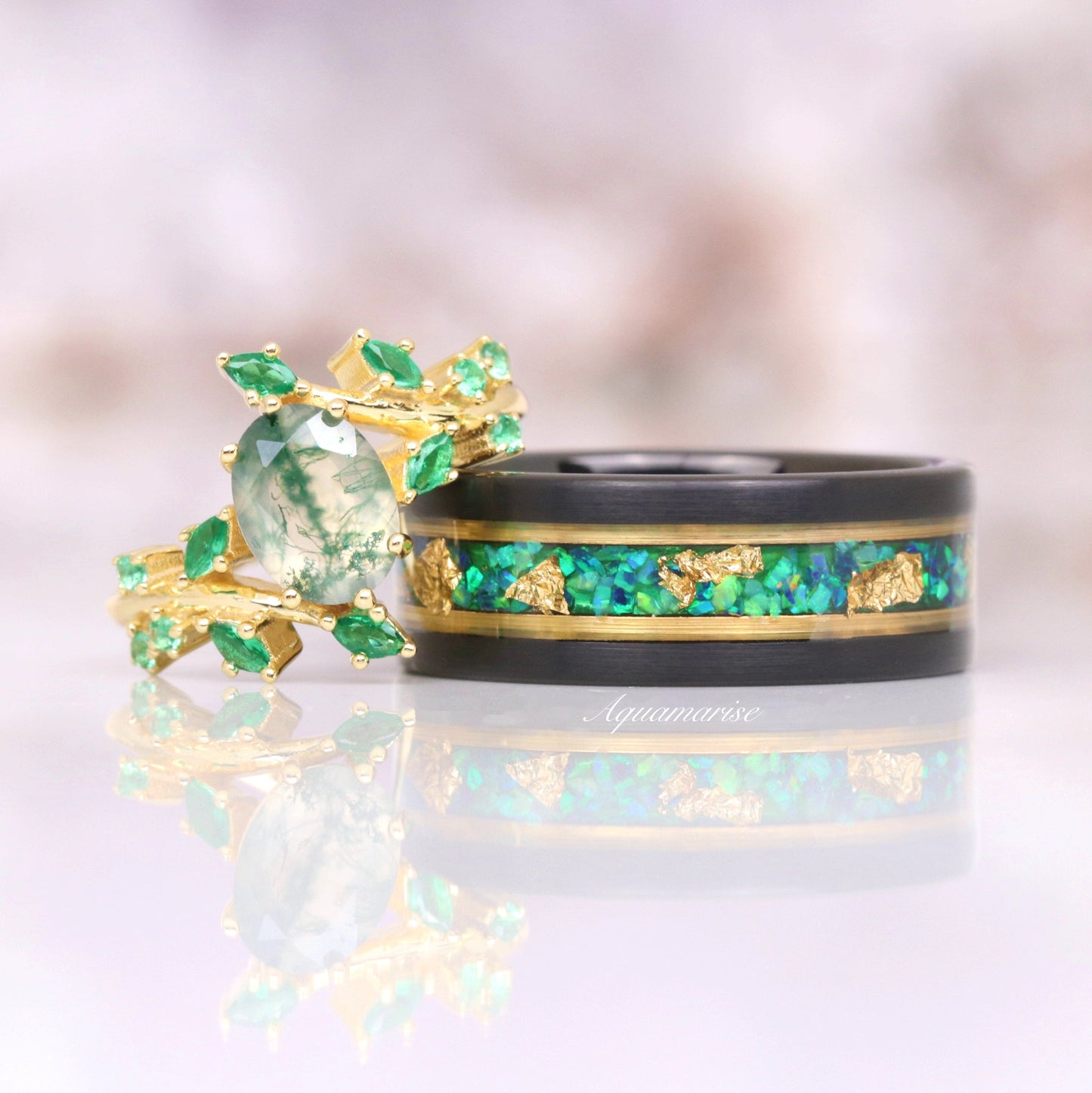 Green Fire Opal & Gold Leaf Wedding Band- 8mm Tungsten