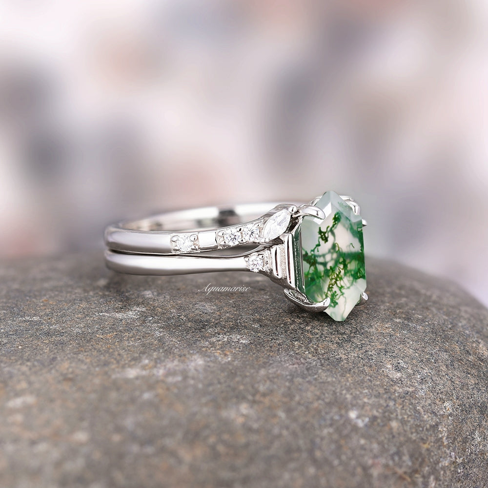 Hexagon Green Moss Agate Ring Set- 925 Sterling Silver