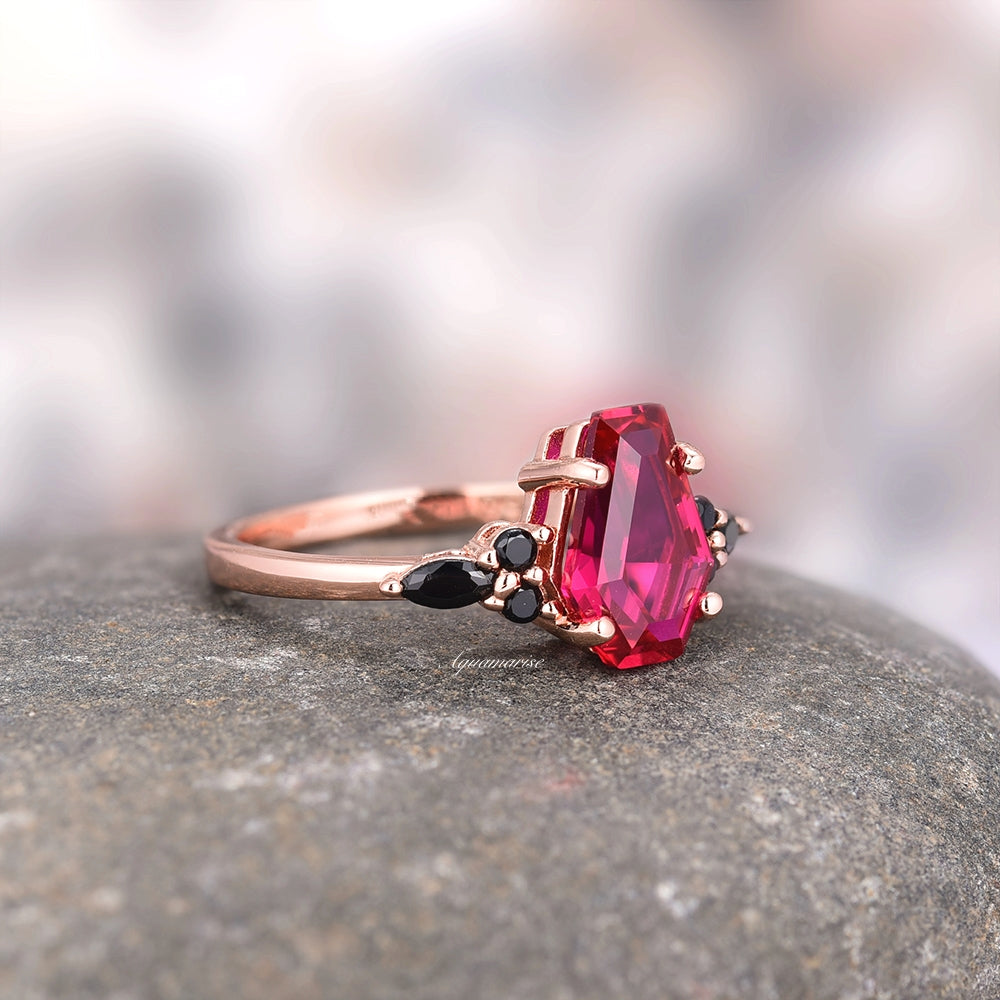 Coffin Cut Ruby & Black Onyx Ring- 14K Rose Gold Vermeil