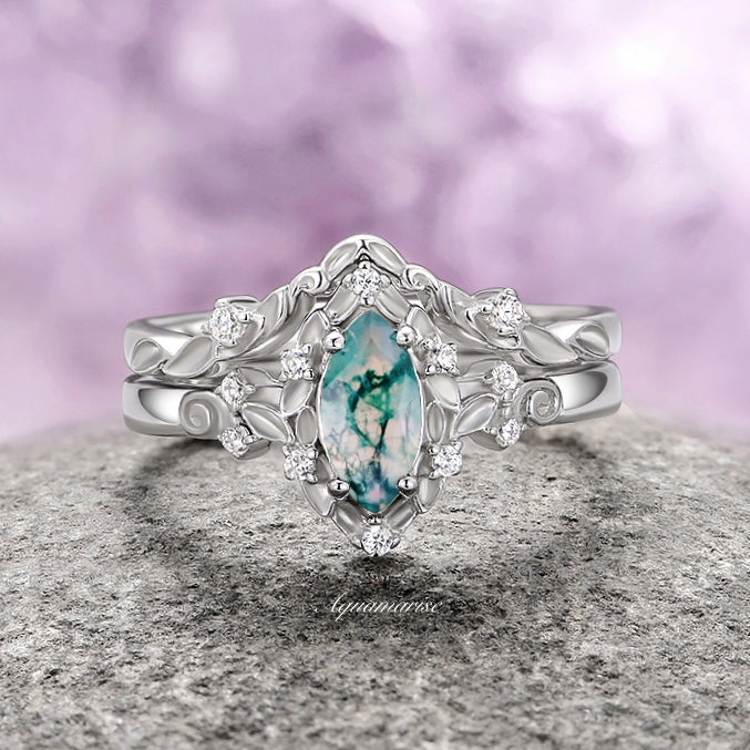 Fairy Green Moss Agate Engagement Leaf Ring Set- 14K White Gold