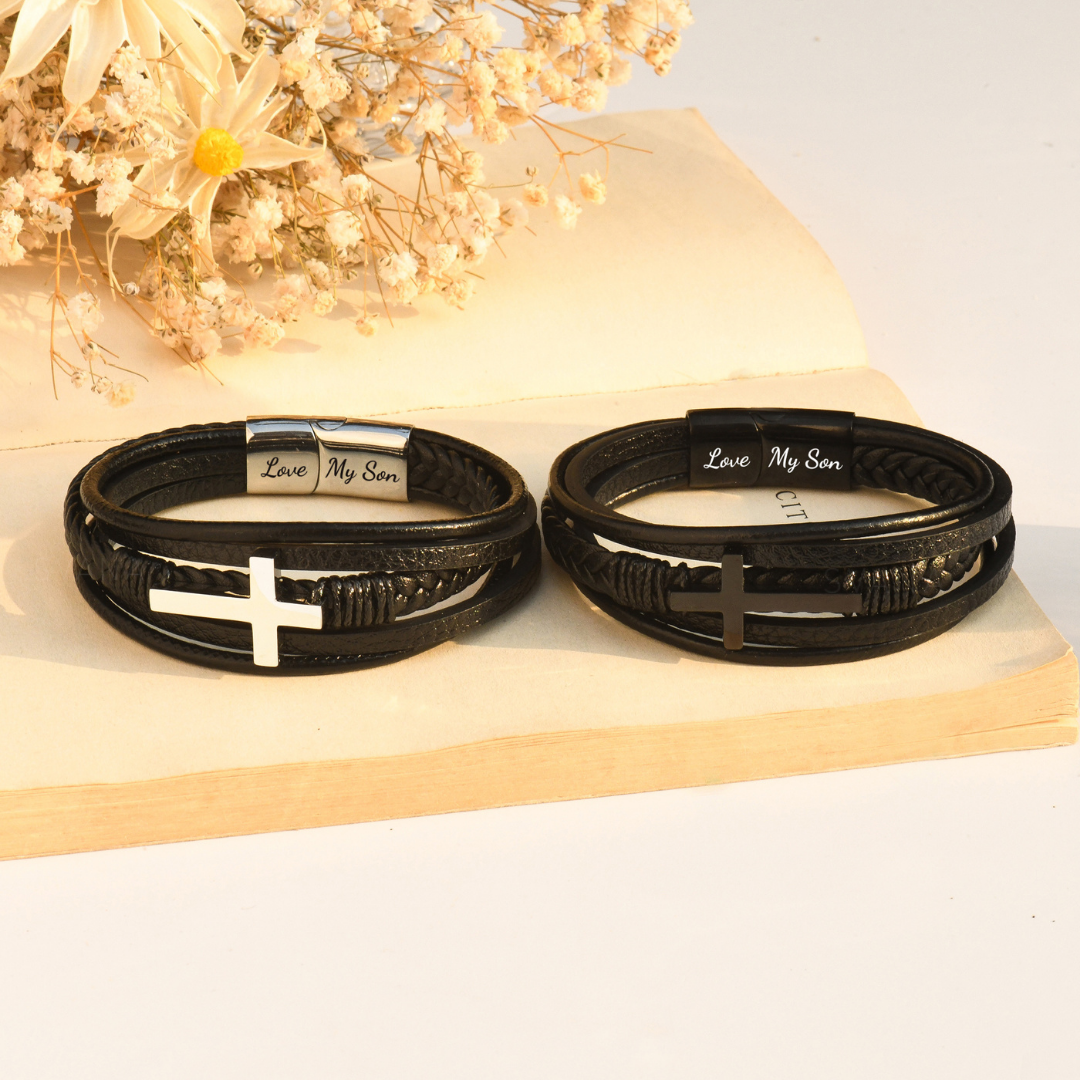 To My Son, Life Favors The Bold Leather Cross Bracelet