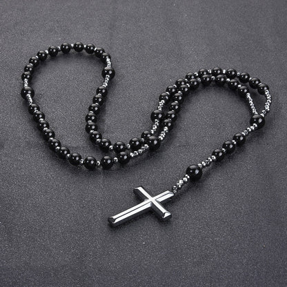Black Stone Bead Cross Necklace