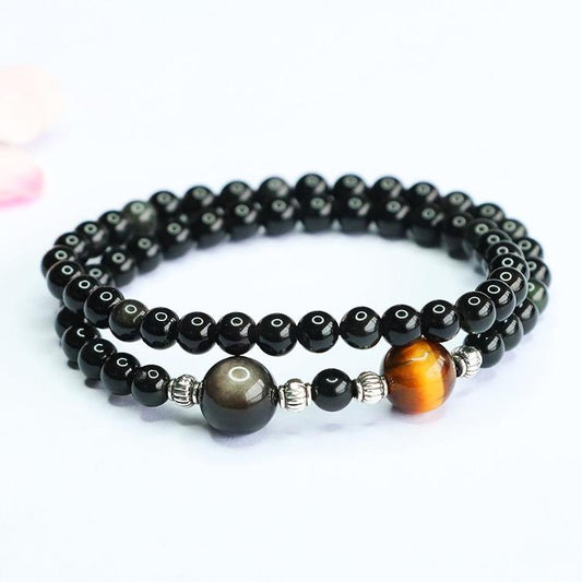 Double Layer Black Obsidian & Tiger Eye Bracelet
