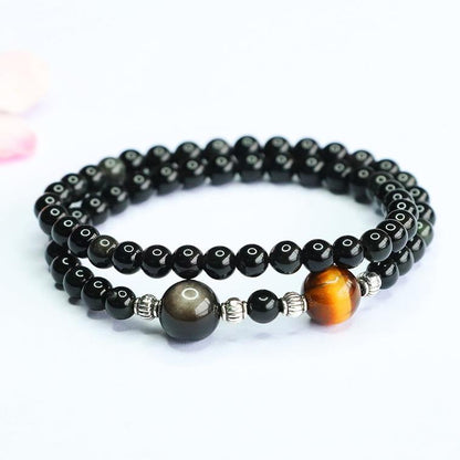 Double Layer Black Obsidian & Tiger Eye Bracelet