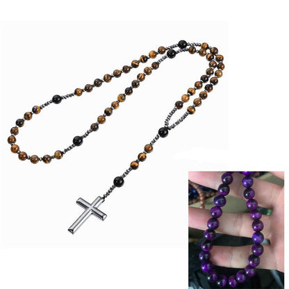 Black Stone Bead Cross Necklace
